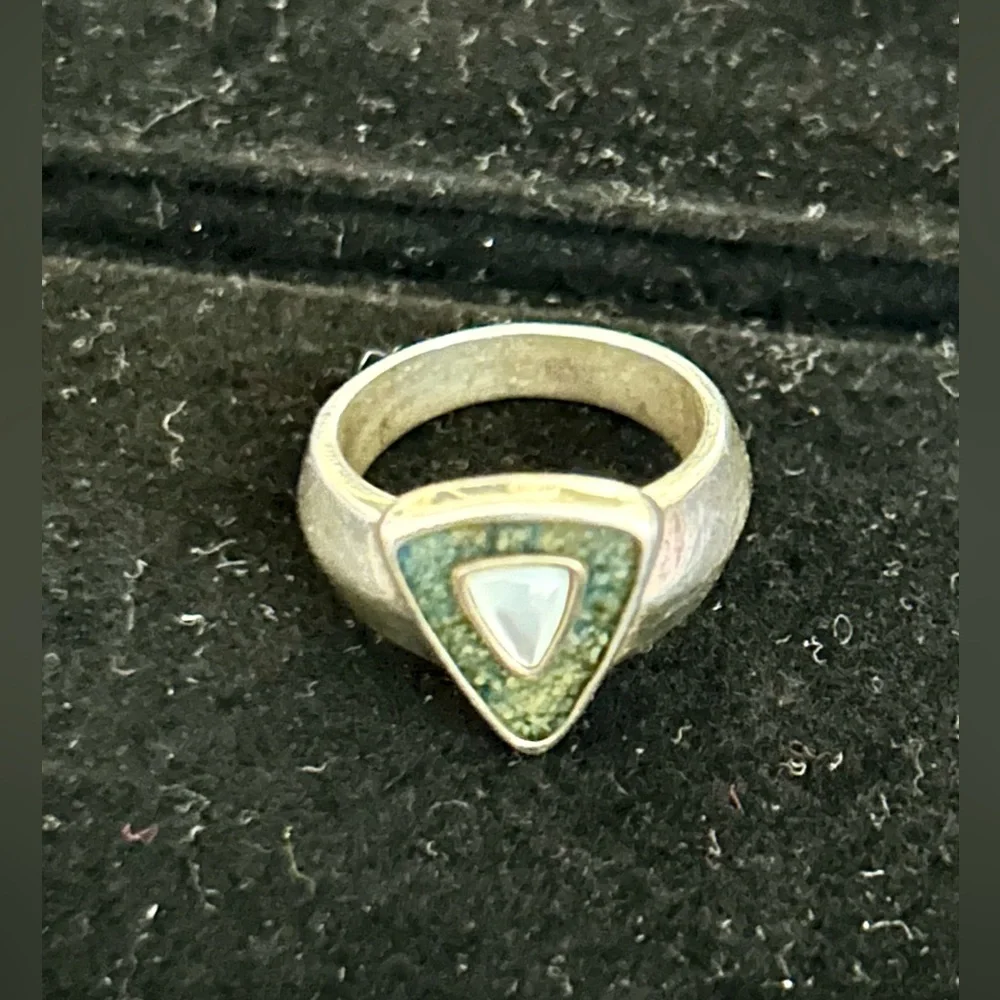 Carolyn Pollack Silver Ring with Green and White Inlay